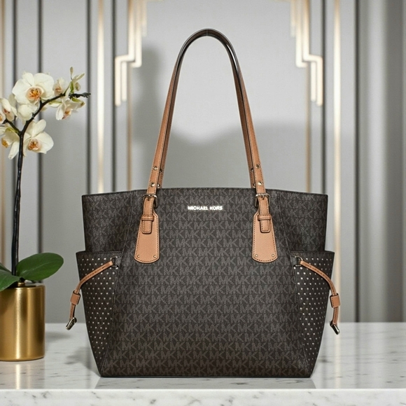 Michael by Michael Kors Voyager Small Logo Tote 2‑Tone Brown Star Side Pockets - Picture 16 of 16